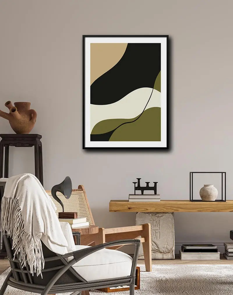 An abstract geometric illustration with fluid curves in earthy tones of beige, black, and green. The design creates a sense of movement and balance, making it an ideal piece of wall art for modern interiors. Perfect for adding a touch of sophistication and style