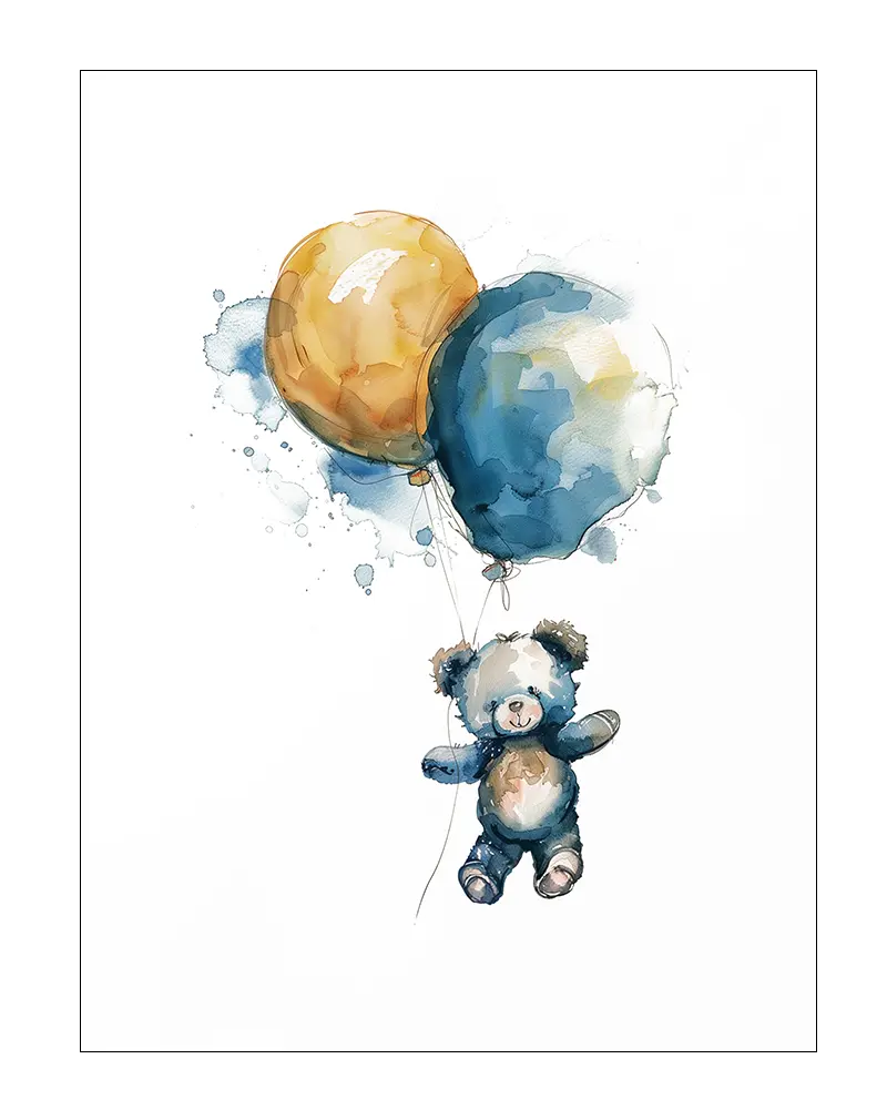 A watercolor illustration of a teddy bear floating with two colorful balloons, one orange and one blue. The soft and whimsical style makes it a perfect wall art for a child's room, adding a playful and heartwarming touch to the space