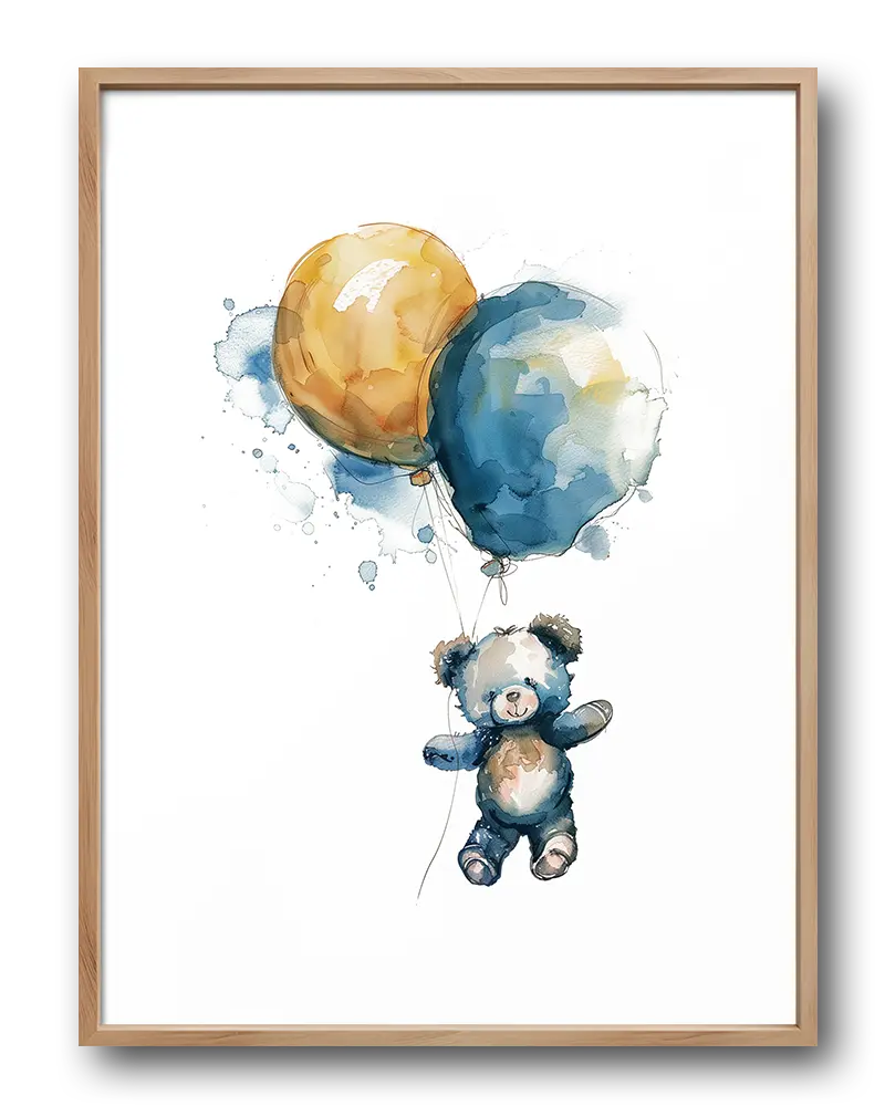 A watercolor illustration of a teddy bear floating with two colorful balloons, one orange and one blue. The soft and whimsical style makes it a perfect wall art for a child's room, adding a playful and heartwarming touch to the space