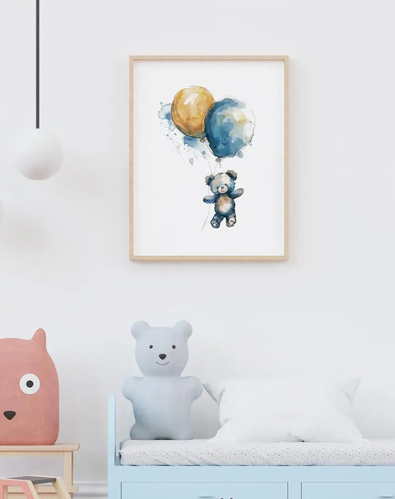 A watercolor illustration of a teddy bear floating with two colorful balloons, one orange and one blue. The soft and whimsical style makes it a perfect wall art for a child's room, adding a playful and heartwarming touch to the space