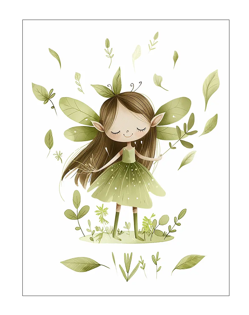 A delightful illustration of a forest fairy surrounded by leaves, dressed in a green dress with delicate wings. This charming wall art is perfect for adding a touch of magic and nature to a children's room or nursery