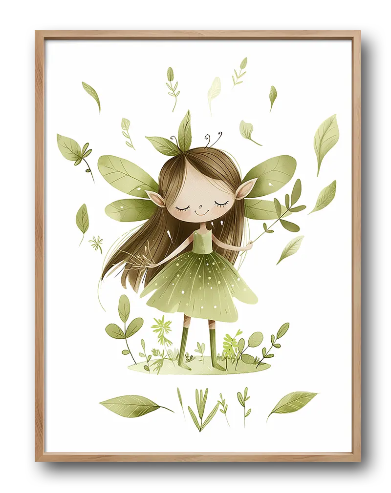 A delightful illustration of a forest fairy surrounded by leaves, dressed in a green dress with delicate wings. This charming wall art is perfect for adding a touch of magic and nature to a children's room or nursery