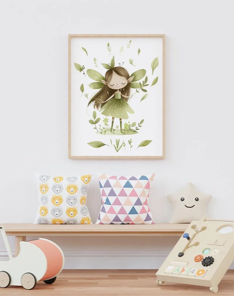 A delightful illustration of a forest fairy surrounded by leaves, dressed in a green dress with delicate wings. This charming wall art is perfect for adding a touch of magic and nature to a children's room or nursery