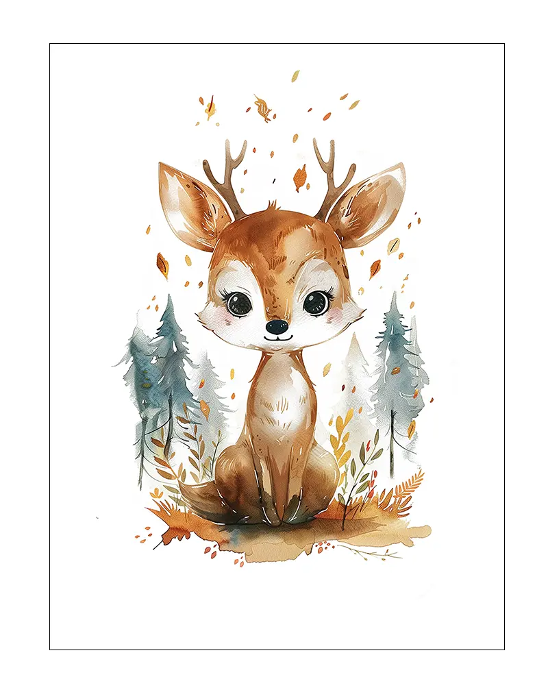 A charming illustration of a cute deer sitting in a forest scene, surrounded by falling leaves and trees. This adorable wall art is perfect for a child's room, adding a whimsical and cozy touch to the decor