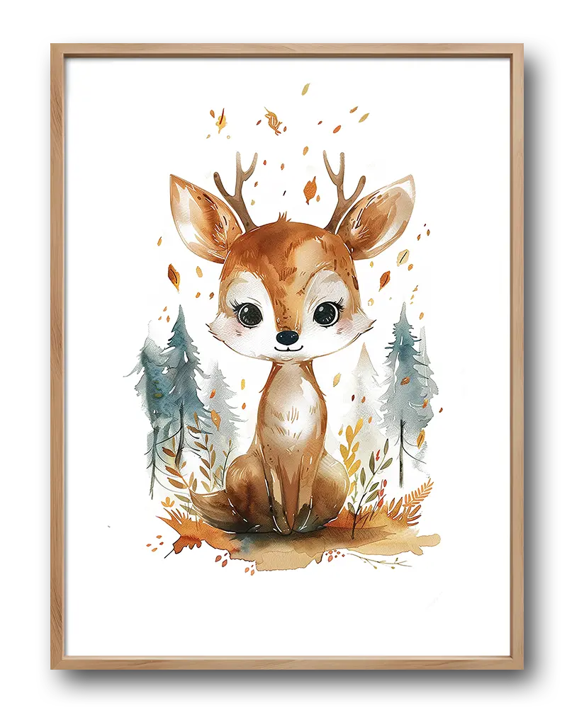 A charming illustration of a cute deer sitting in a forest scene, surrounded by falling leaves and trees. This adorable wall art is perfect for a child's room, adding a whimsical and cozy touch to the decor