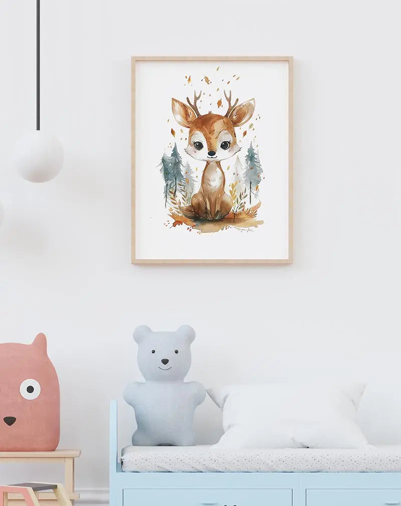 A charming illustration of a cute deer sitting in a forest scene, surrounded by falling leaves and trees. This adorable wall art is perfect for a child's room, adding a whimsical and cozy touch to the decor