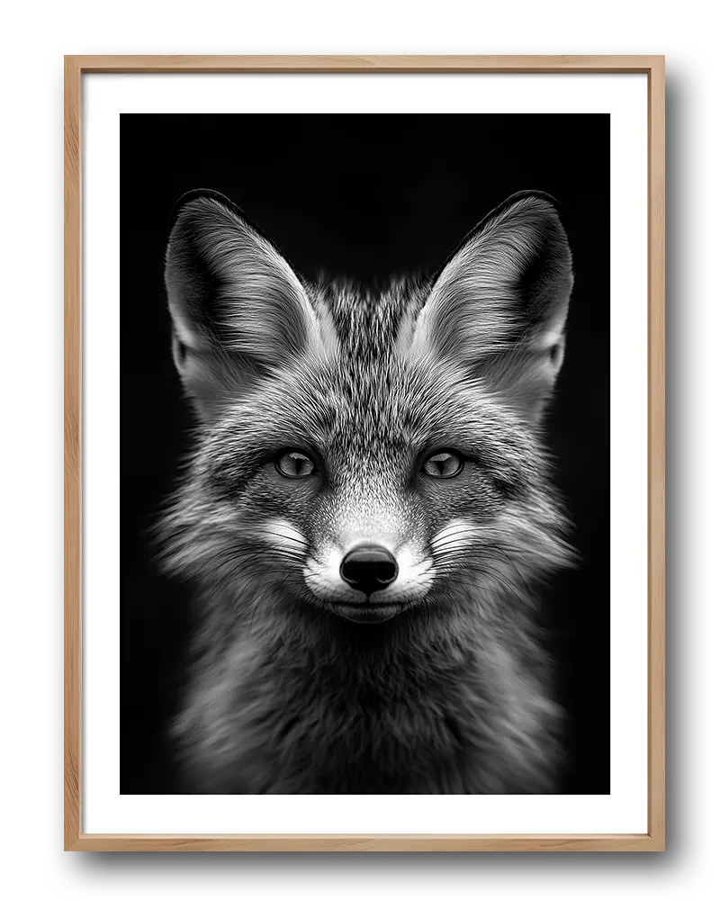 A captivating black and white portrait of a fox, showcasing its sharp features and detailed fur texture.