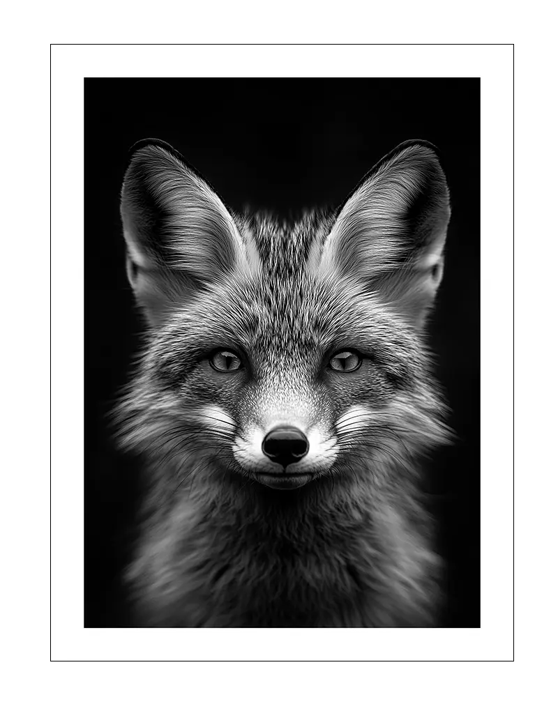 A captivating black and white portrait of a fox, showcasing its sharp features and detailed fur texture.