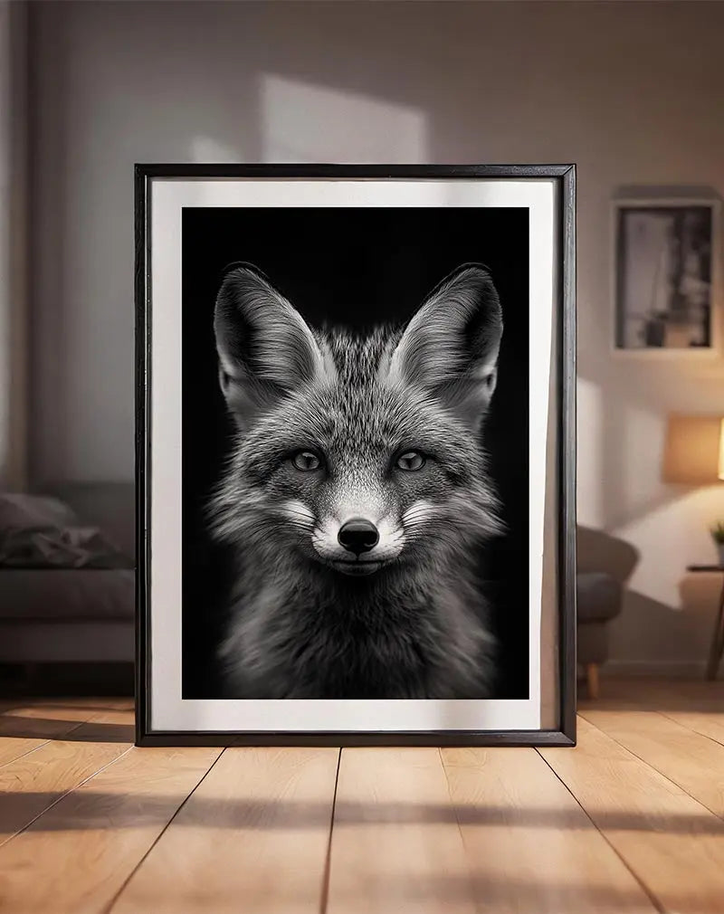 A captivating black and white portrait of a fox, showcasing its sharp features and detailed fur texture.