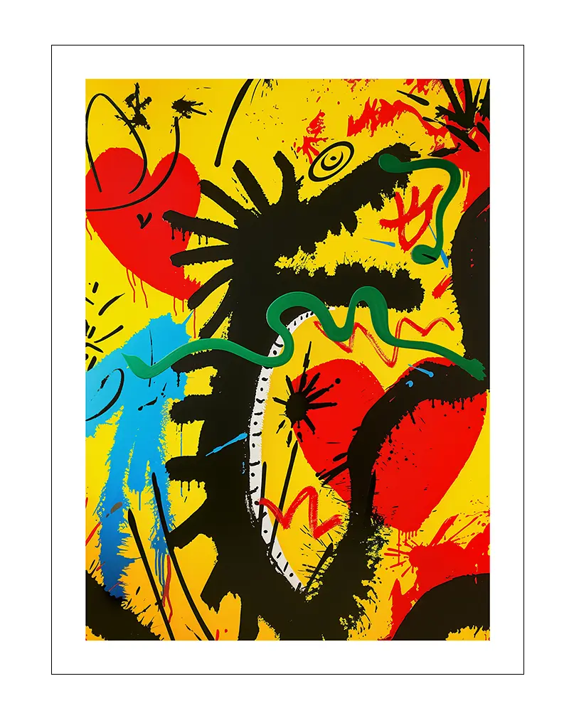 A vibrant abstract illustration featuring a dragon-like figure with bold colors of yellow, red, and green. This expressive wall art is perfect for adding an energetic and modern touch to any contemporary space