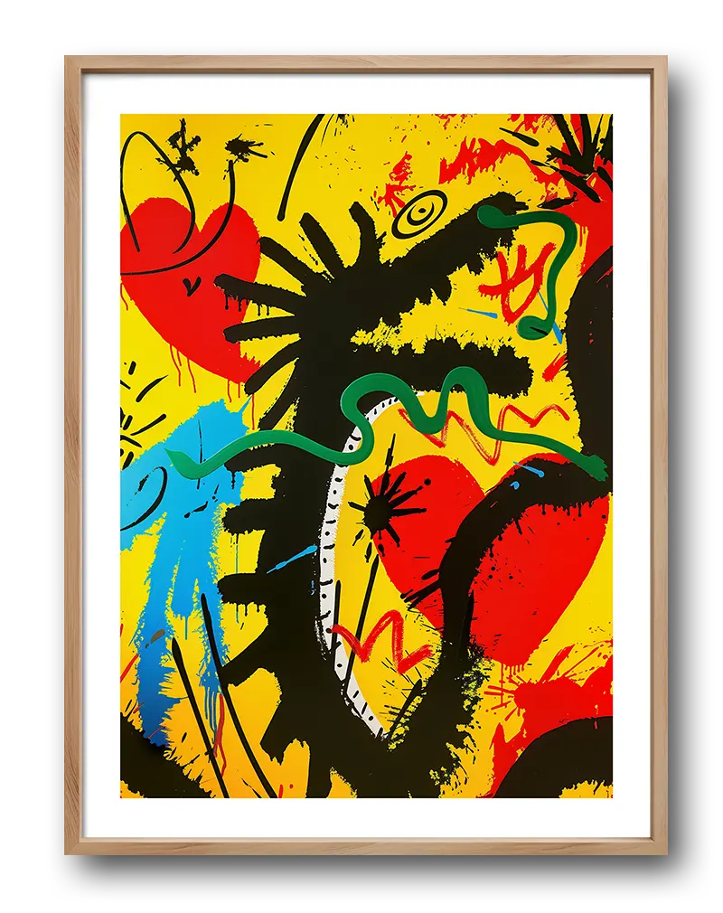 A vibrant abstract illustration featuring a dragon-like figure with bold colors of yellow, red, and green. This expressive wall art is perfect for adding an energetic and modern touch to any contemporary space