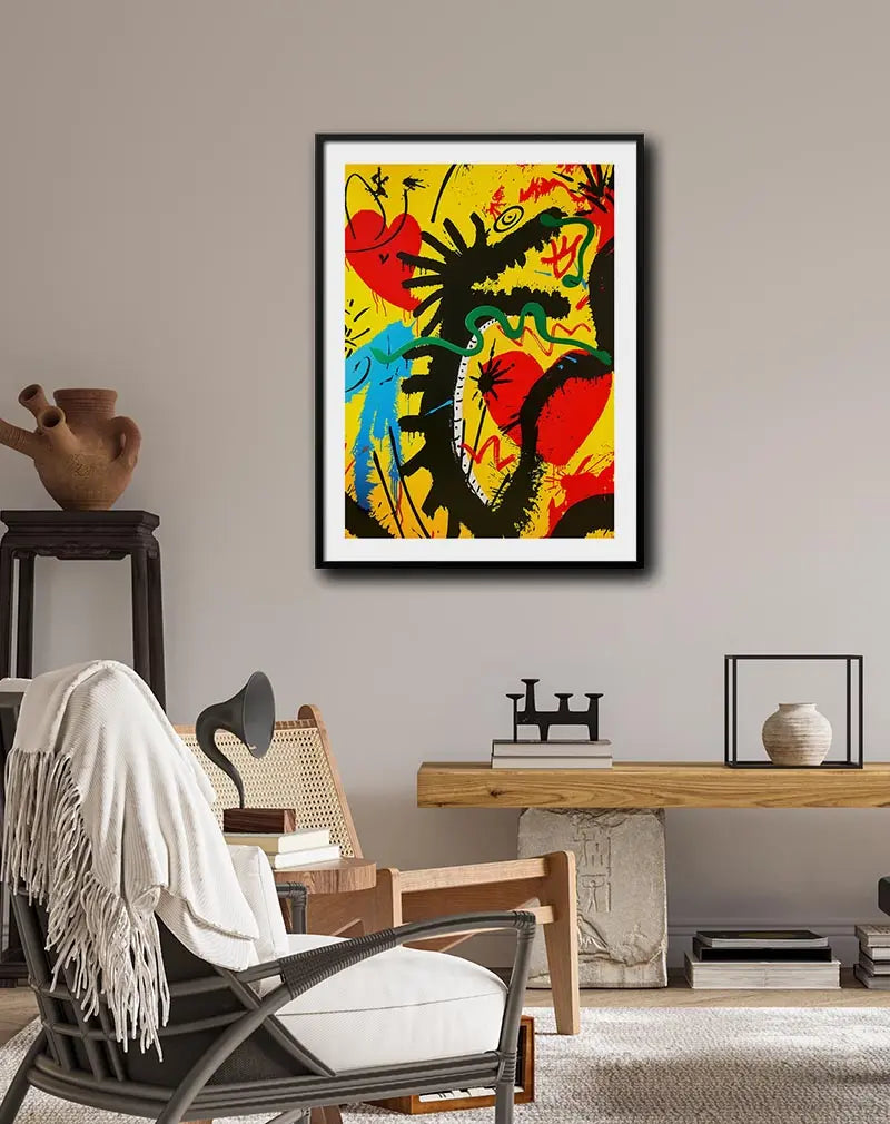 A vibrant abstract illustration featuring a dragon-like figure with bold colors of yellow, red, and green. This expressive wall art is perfect for adding an energetic and modern touch to any contemporary space