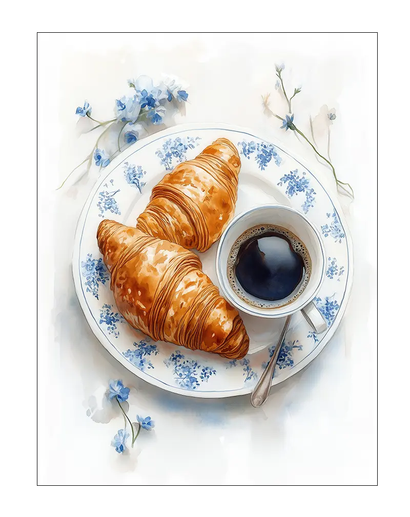 A delicate illustration of two croissants and a cup of coffee on a blue floral plate. Perfect wall art for creating a cozy, French café atmosphere in your kitchen or dining area