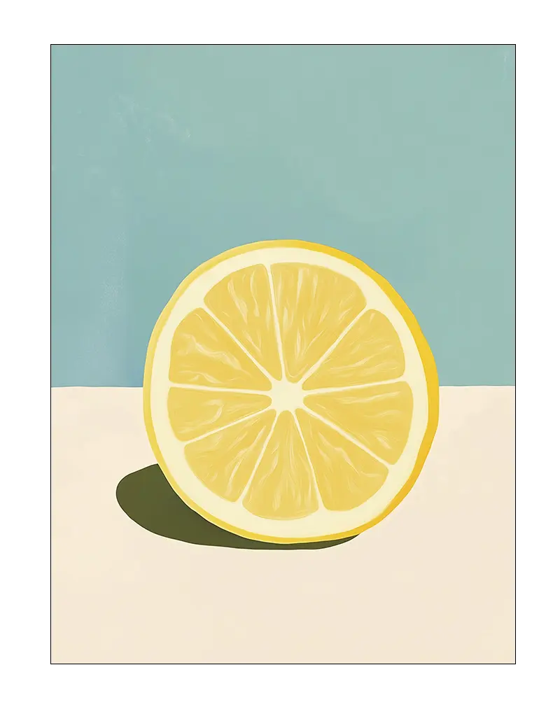 A minimalist illustration of a sliced lemon on a soft pastel background. This vibrant wall art is perfect for adding a fresh and modern touch to your kitchen or dining space