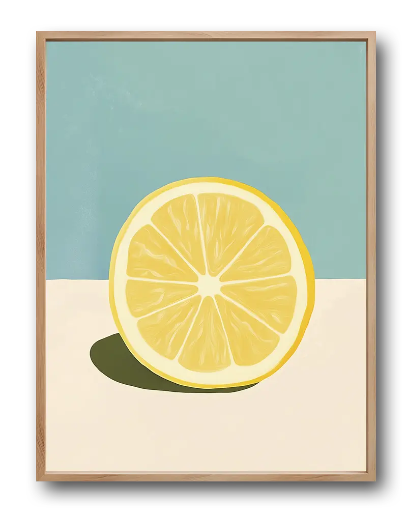 A minimalist illustration of a sliced lemon on a soft pastel background. This vibrant wall art is perfect for adding a fresh and modern touch to your kitchen or dining space