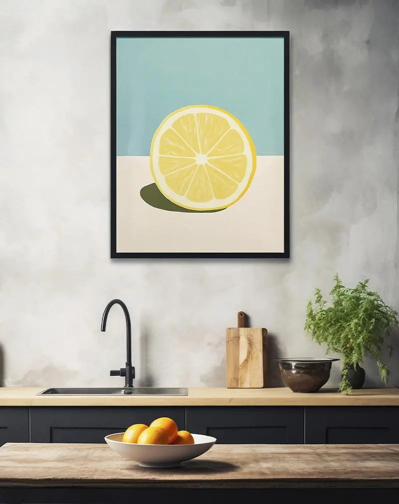 A minimalist illustration of a sliced lemon on a soft pastel background. This vibrant wall art is perfect for adding a fresh and modern touch to your kitchen or dining space