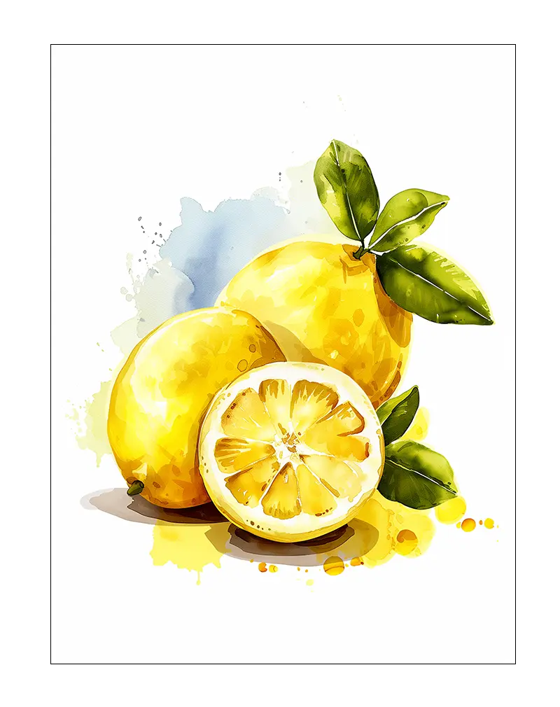 A vibrant watercolor illustration of fresh lemons with leaves, featuring a beautifully sliced lemon in the foreground. This cheerful wall art is perfect for brightening up kitchens or dining areas with a splash of citrus charm