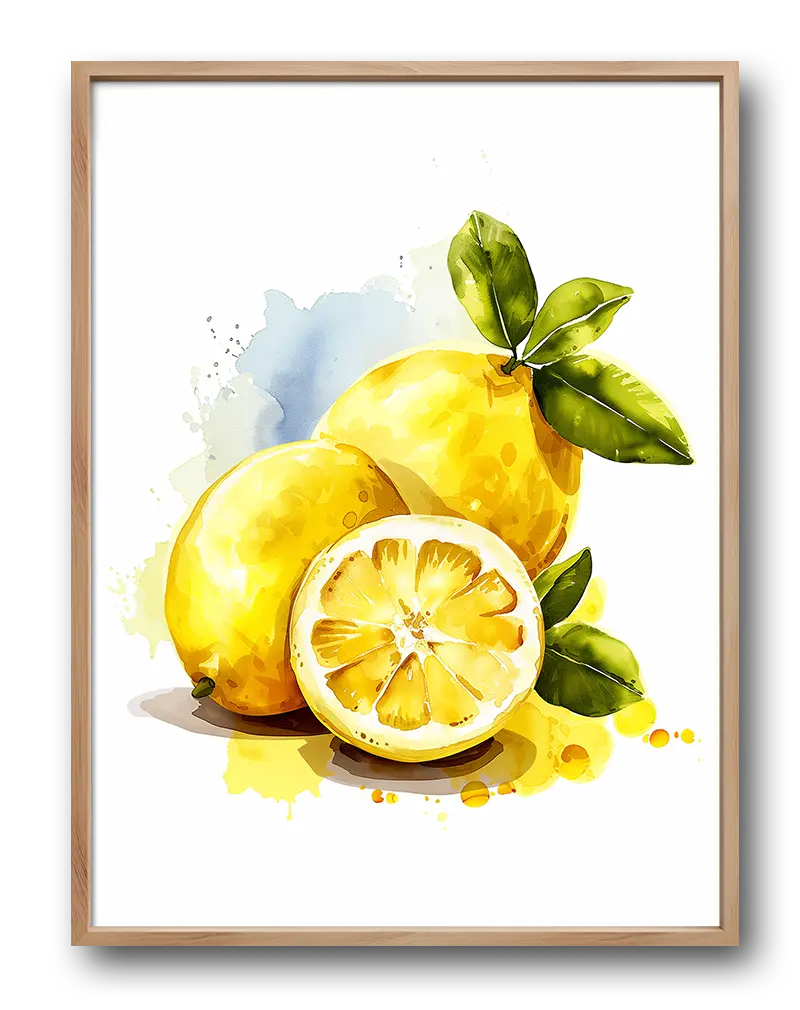 A vibrant watercolor illustration of fresh lemons with leaves, featuring a beautifully sliced lemon in the foreground. This cheerful wall art is perfect for brightening up kitchens or dining areas with a splash of citrus charm