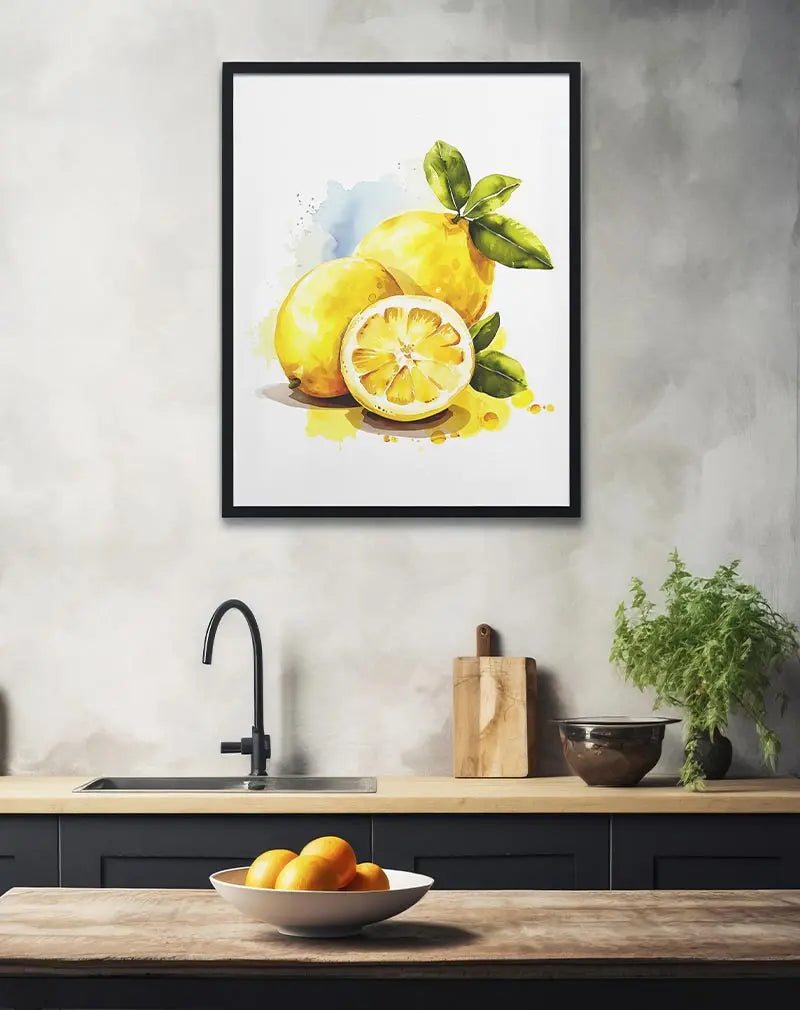 A vibrant watercolor illustration of fresh lemons with leaves, featuring a beautifully sliced lemon in the foreground. This cheerful wall art is perfect for brightening up kitchens or dining areas with a splash of citrus charm