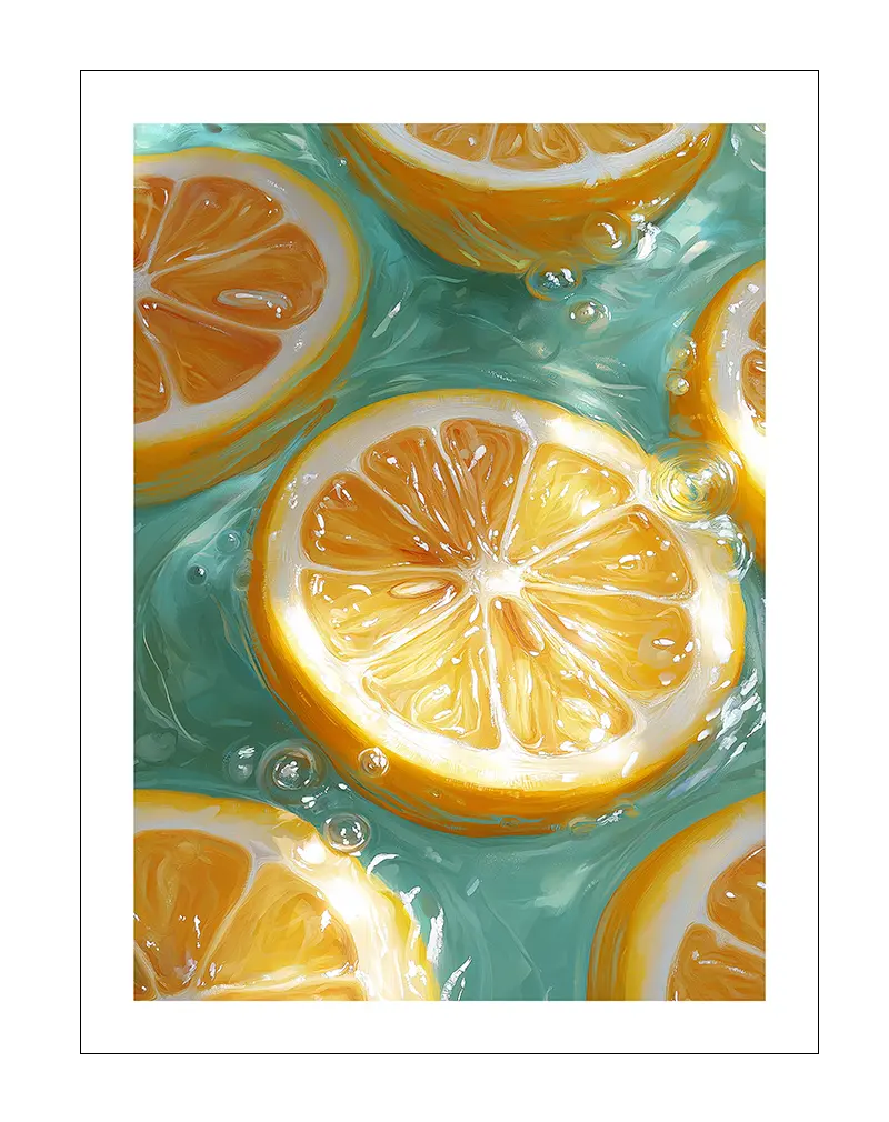 A vibrant wall art illustration of floating lemon slices in clear water with bubbles.