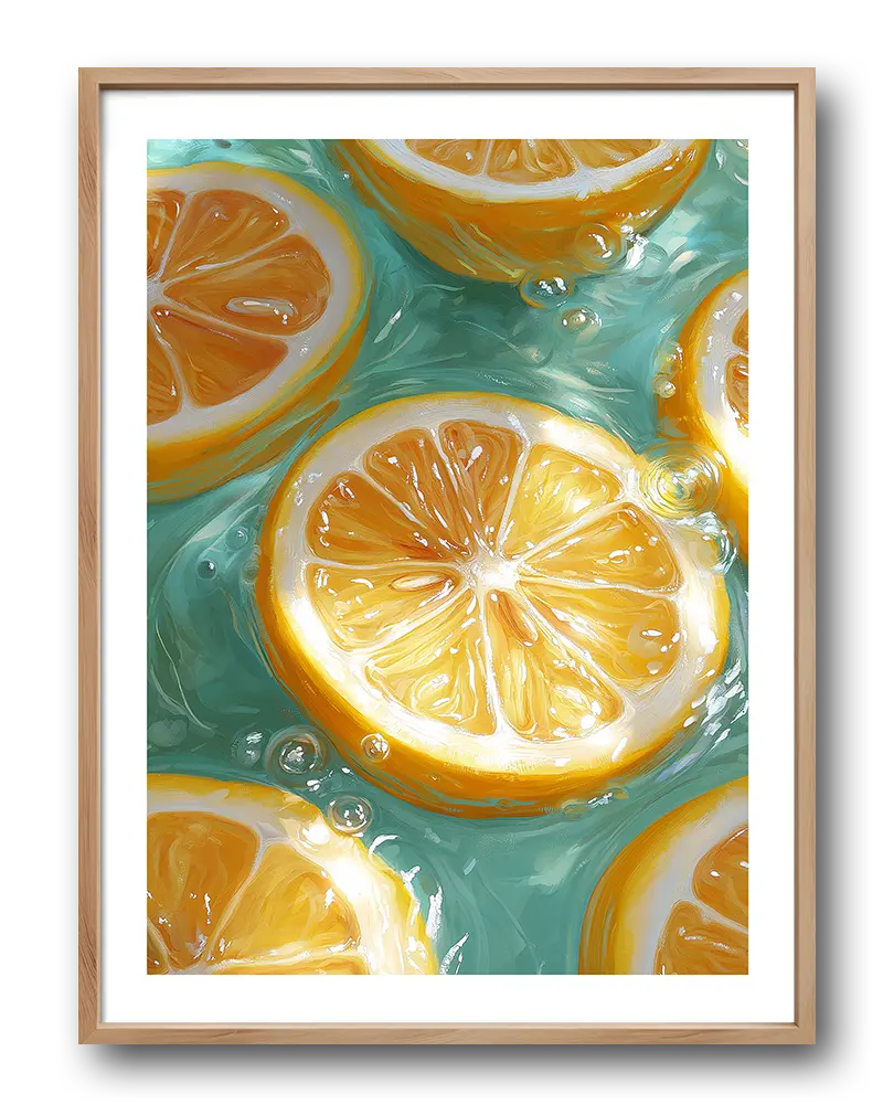 A vibrant wall art illustration of floating lemon slices in clear water with bubbles.