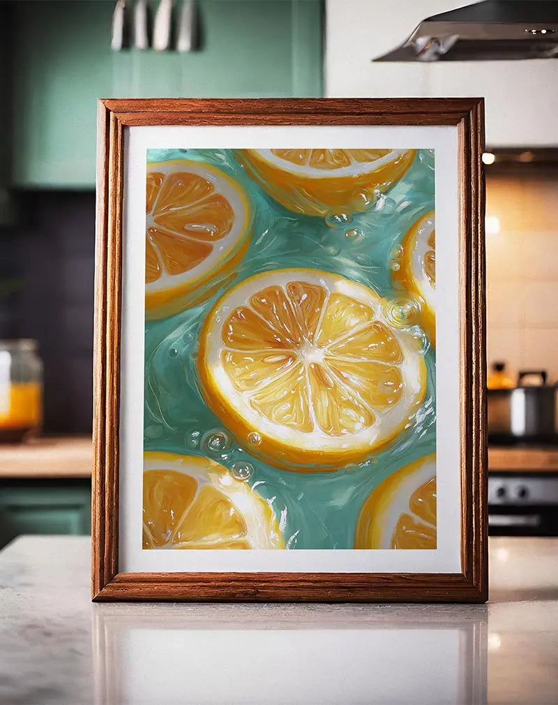 A vibrant wall art illustration of floating lemon slices in clear water with bubbles.