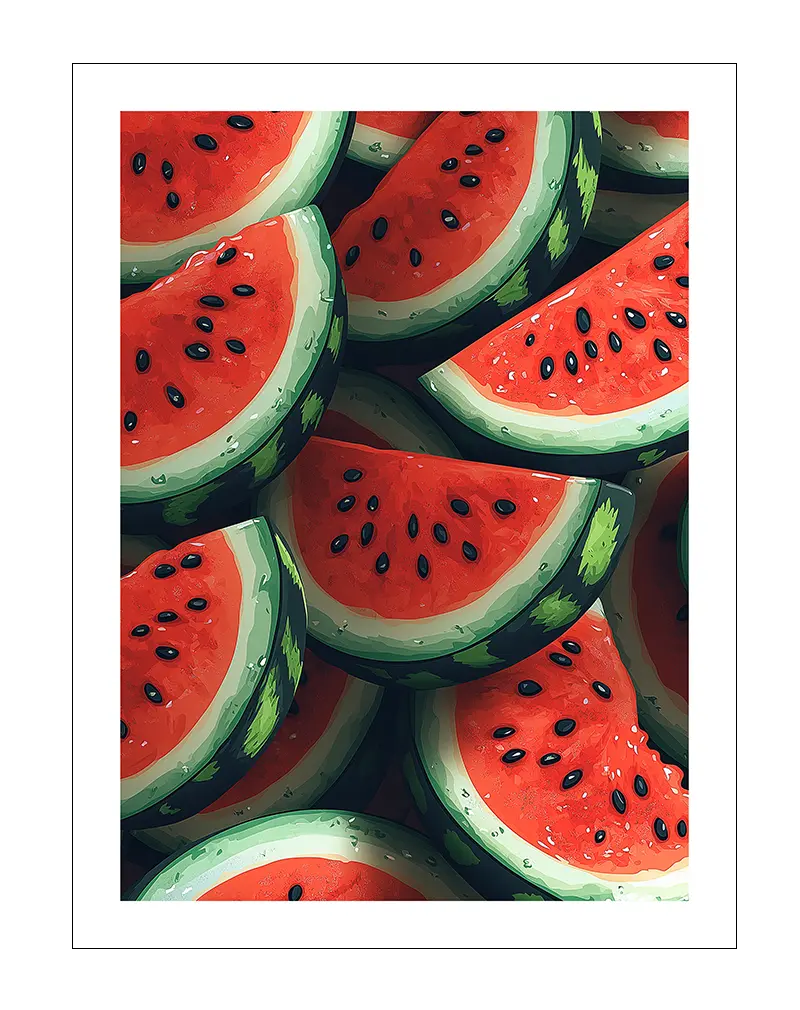 A vibrant illustration of fresh watermelon slices with juicy red flesh and dark seeds, arranged in a playful pattern.