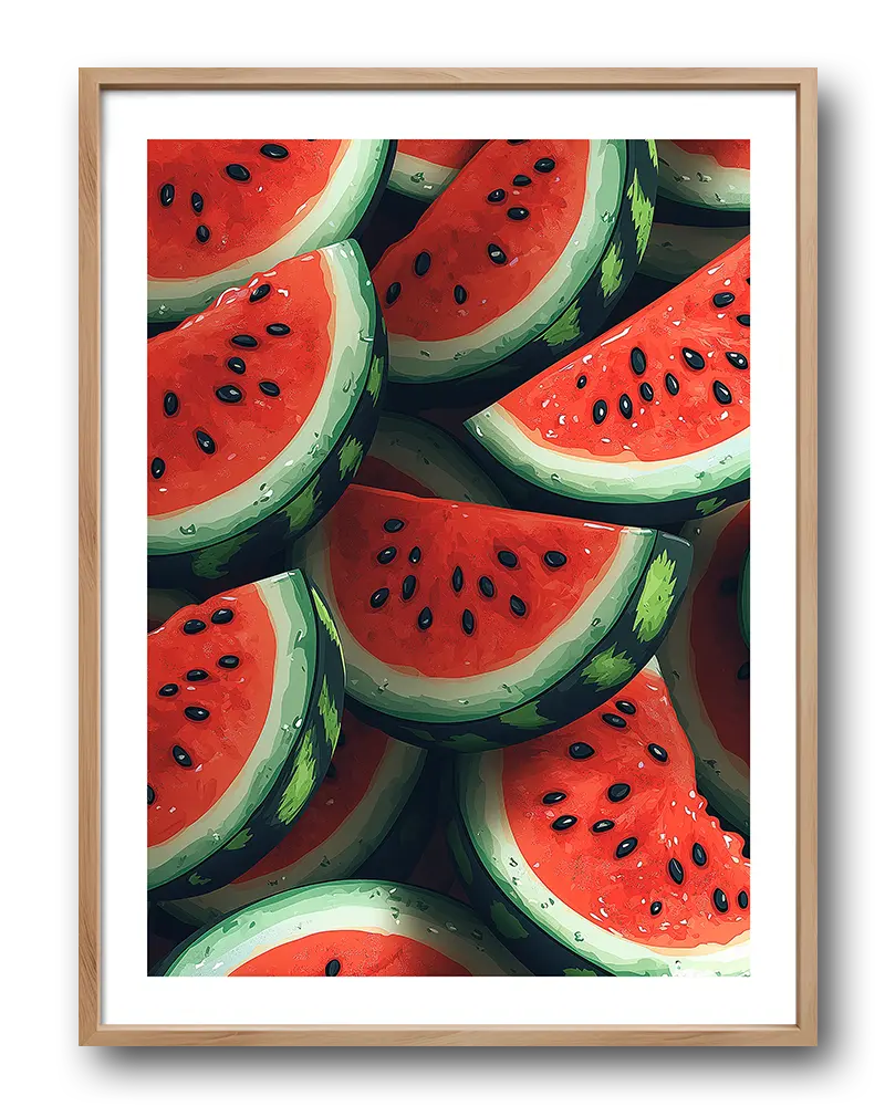 A vibrant illustration of fresh watermelon slices with juicy red flesh and dark seeds, arranged in a playful pattern.