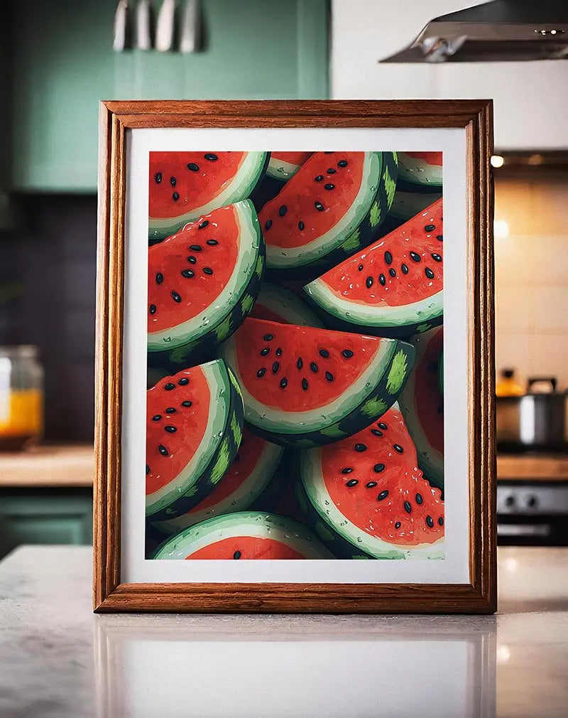 A vibrant illustration of fresh watermelon slices with juicy red flesh and dark seeds, arranged in a playful pattern.