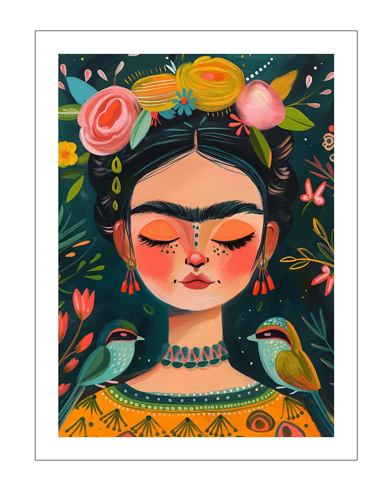 A colorful Frida Kahlo-inspired illustration featuring a serene portrait with flowers and birds, blending vibrant tones of orange, green, and pink. This bold and artistic wall art adds a cultural and creative touch to any space, perfect for a unique and lively decor