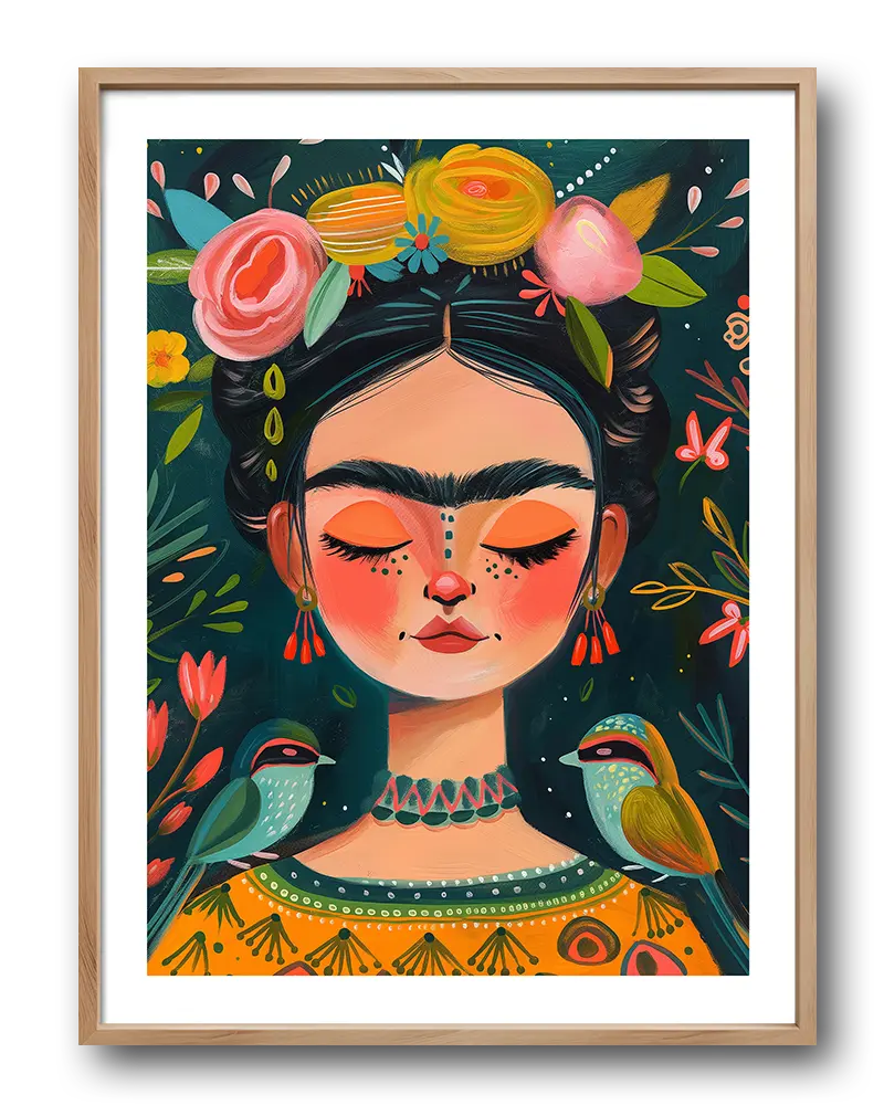 A colorful Frida Kahlo-inspired illustration featuring a serene portrait with flowers and birds, blending vibrant tones of orange, green, and pink. This bold and artistic wall art adds a cultural and creative touch to any space, perfect for a unique and lively decor