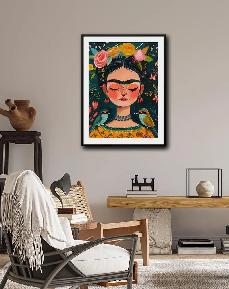 A colorful Frida Kahlo-inspired illustration featuring a serene portrait with flowers and birds, blending vibrant tones of orange, green, and pink. This bold and artistic wall art adds a cultural and creative touch to any space, perfect for a unique and lively decor