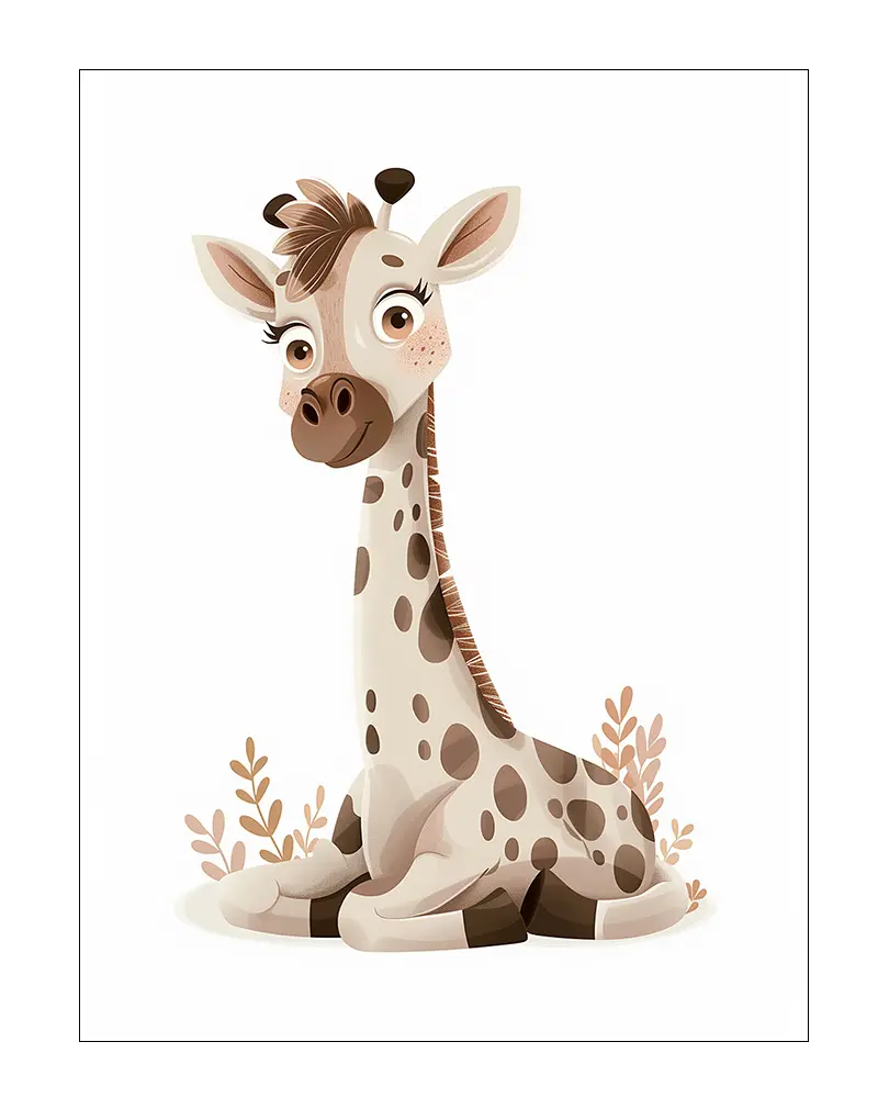 A charming illustration of a cute giraffe sitting gracefully, with soft colors and simple foliage accents. This adorable wall art is perfect for a child's room, adding a playful and gentle atmosphere