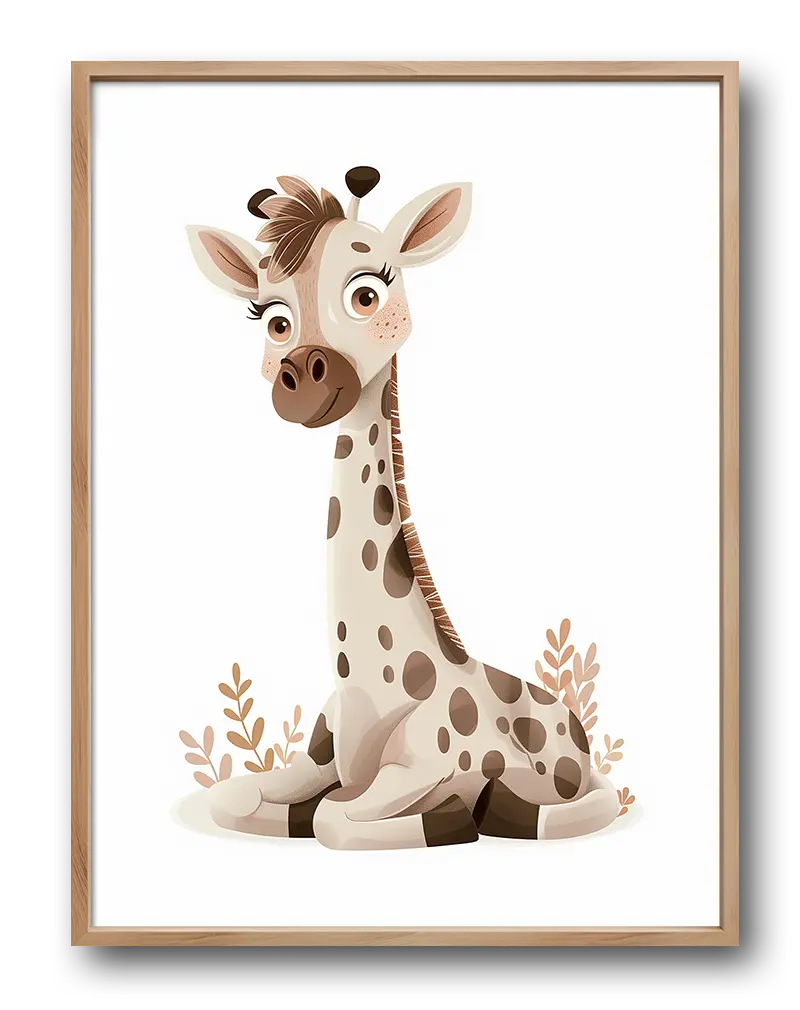 A charming illustration of a cute giraffe sitting gracefully, with soft colors and simple foliage accents. This adorable wall art is perfect for a child's room, adding a playful and gentle atmosphere