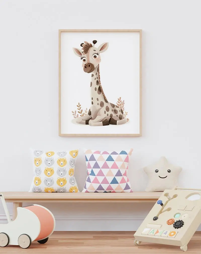 A charming illustration of a cute giraffe sitting gracefully, with soft colors and simple foliage accents. This adorable wall art is perfect for a child's room, adding a playful and gentle atmosphere