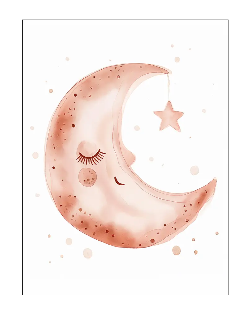 A delightful illustration of a smiling moon with soft pink hues, gently holding a dangling star. This charming wall art is perfect for creating a dreamy and soothing atmosphere in a nursery or bedroom