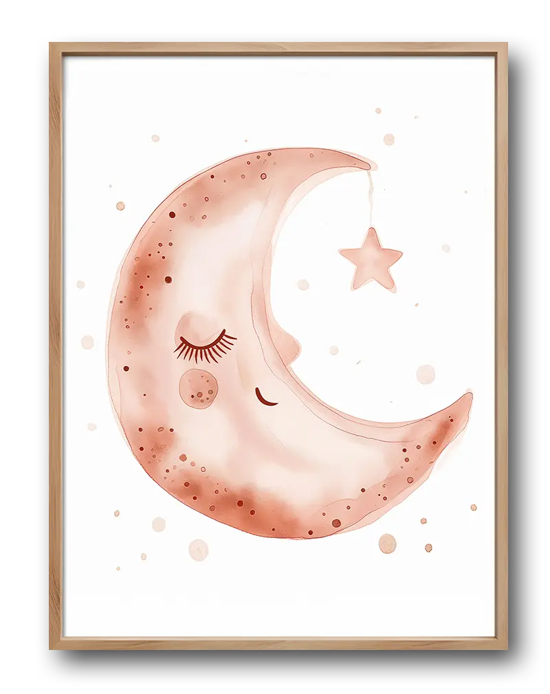 A delightful illustration of a smiling moon with soft pink hues, gently holding a dangling star. This charming wall art is perfect for creating a dreamy and soothing atmosphere in a nursery or bedroom