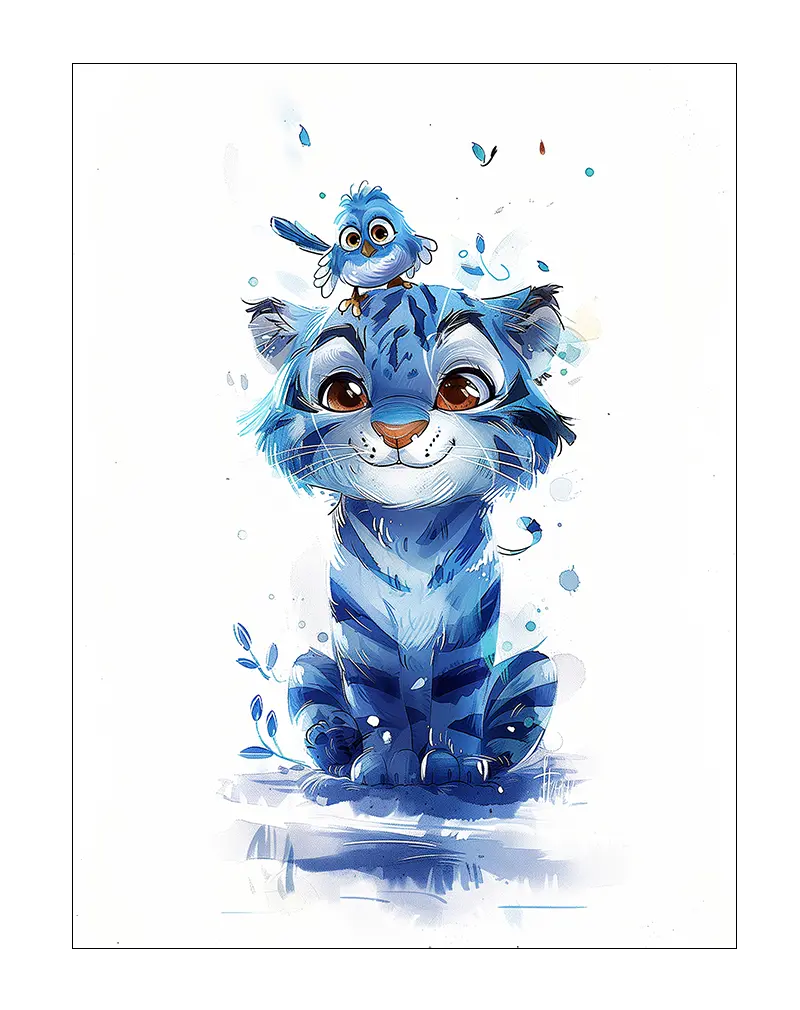 A playful illustration of a blue tiger with a cheerful bird perched on its head, surrounded by splashes of color. This vibrant wall art is perfect for adding a touch of fun and adventure to a child's room