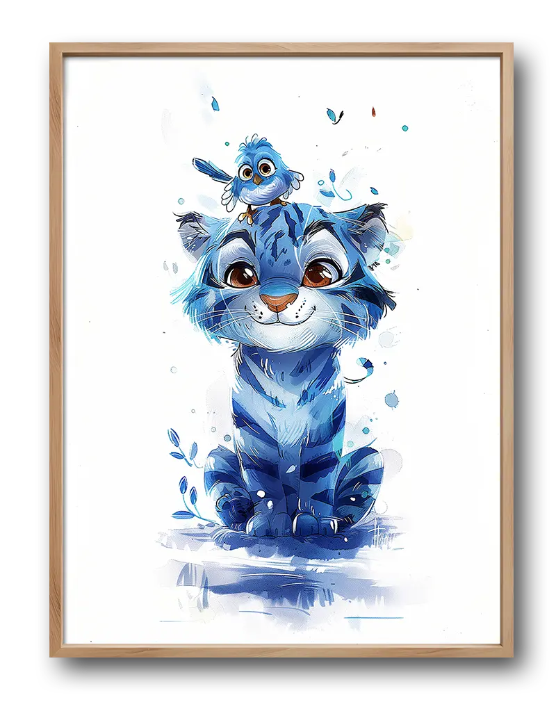 A playful illustration of a blue tiger with a cheerful bird perched on its head, surrounded by splashes of color. This vibrant wall art is perfect for adding a touch of fun and adventure to a child's room