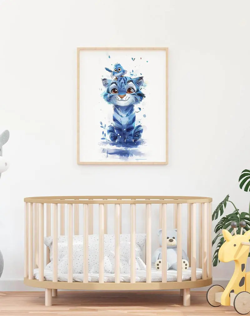 A playful illustration of a blue tiger with a cheerful bird perched on its head, surrounded by splashes of color. This vibrant wall art is perfect for adding a touch of fun and adventure to a child's room