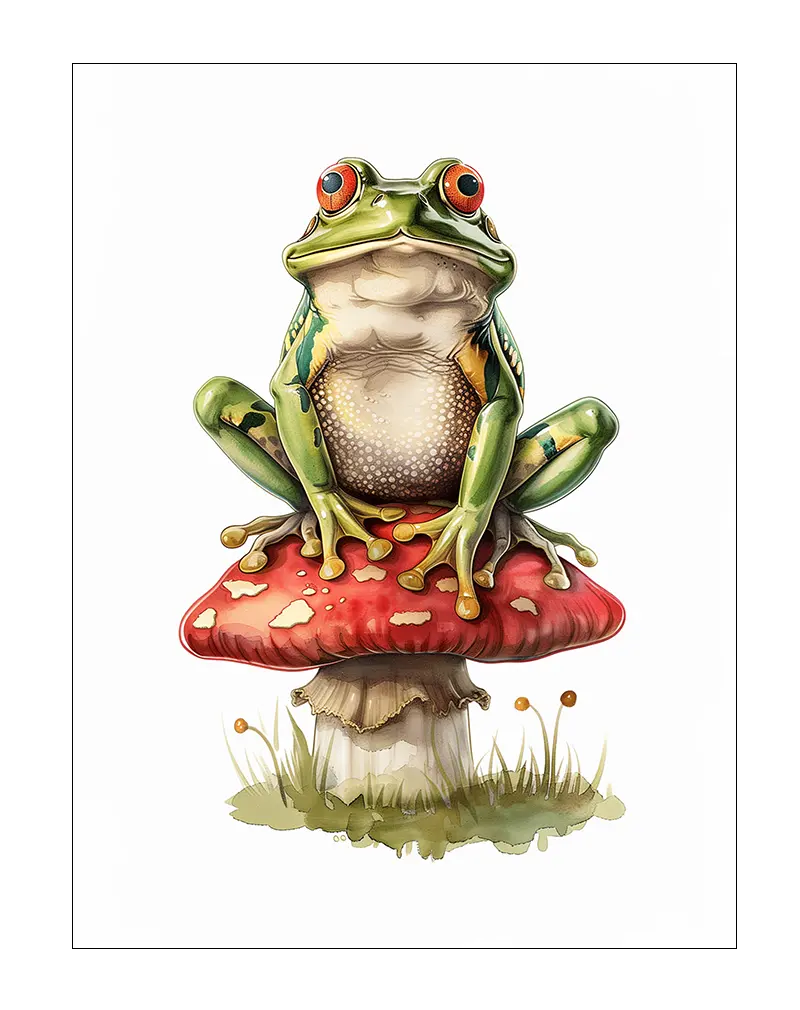 A vibrant illustration of a green frog sitting on a red mushroom, surrounded by nature. Perfect wall art for adding a whimsical and fun touch to any space, especially in children's rooms