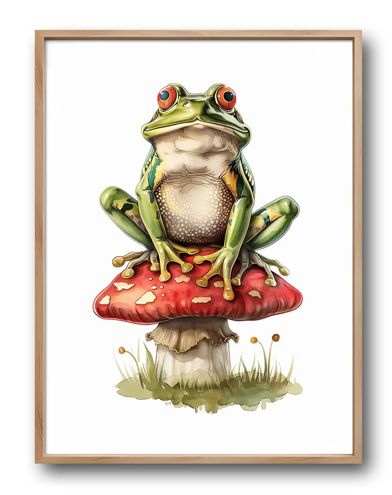 A vibrant illustration of a green frog sitting on a red mushroom, surrounded by nature. Perfect wall art for adding a whimsical and fun touch to any space, especially in children's rooms