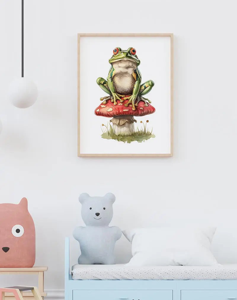 A vibrant illustration of a green frog sitting on a red mushroom, surrounded by nature. Perfect wall art for adding a whimsical and fun touch to any space, especially in children's rooms