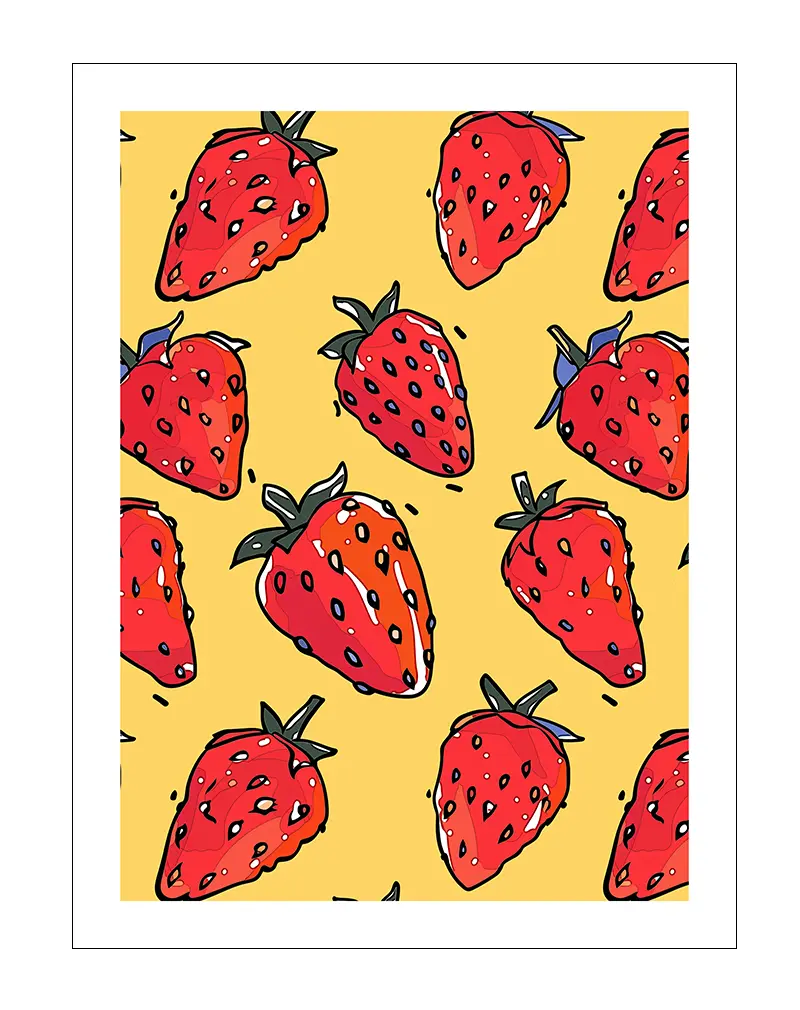 A playful illustration of bright red strawberries on a vibrant yellow background. Perfect wall art for adding a fresh and lively touch to kitchens or dining spaces, enhancing any decor with a fruity charm