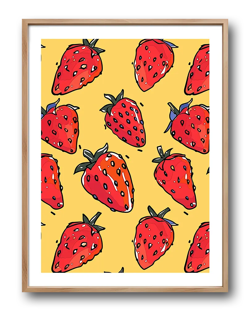 A playful illustration of bright red strawberries on a vibrant yellow background. Perfect wall art for adding a fresh and lively touch to kitchens or dining spaces, enhancing any decor with a fruity charm