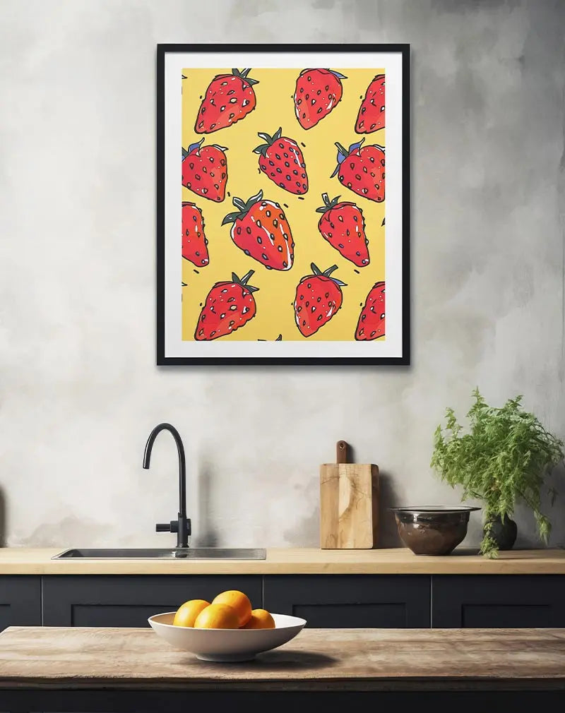 A playful illustration of bright red strawberries on a vibrant yellow background. Perfect wall art for adding a fresh and lively touch to kitchens or dining spaces, enhancing any decor with a fruity charm