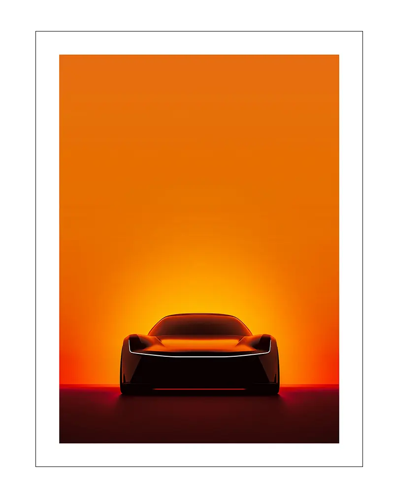 A sleek silhouette of a futuristic car against a vibrant orange sunset. Perfect wall art for auto enthusiasts or modern decor lovers, bringing a dynamic and stylish energy to any space