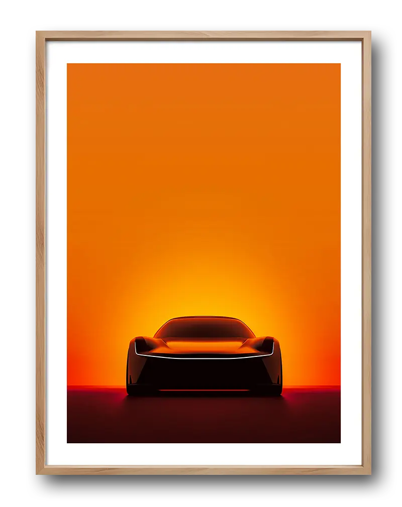 A sleek silhouette of a futuristic car against a vibrant orange sunset. Perfect wall art for auto enthusiasts or modern decor lovers, bringing a dynamic and stylish energy to any space