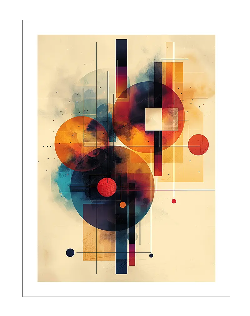 A geometric abstract illustration with vibrant circular shapes and intersecting lines. Perfect wall art for adding a bold and modern touch to any living space or office decor