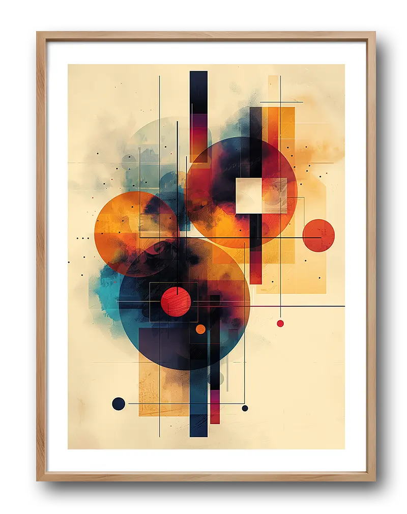 A geometric abstract illustration with vibrant circular shapes and intersecting lines. Perfect wall art for adding a bold and modern touch to any living space or office decor